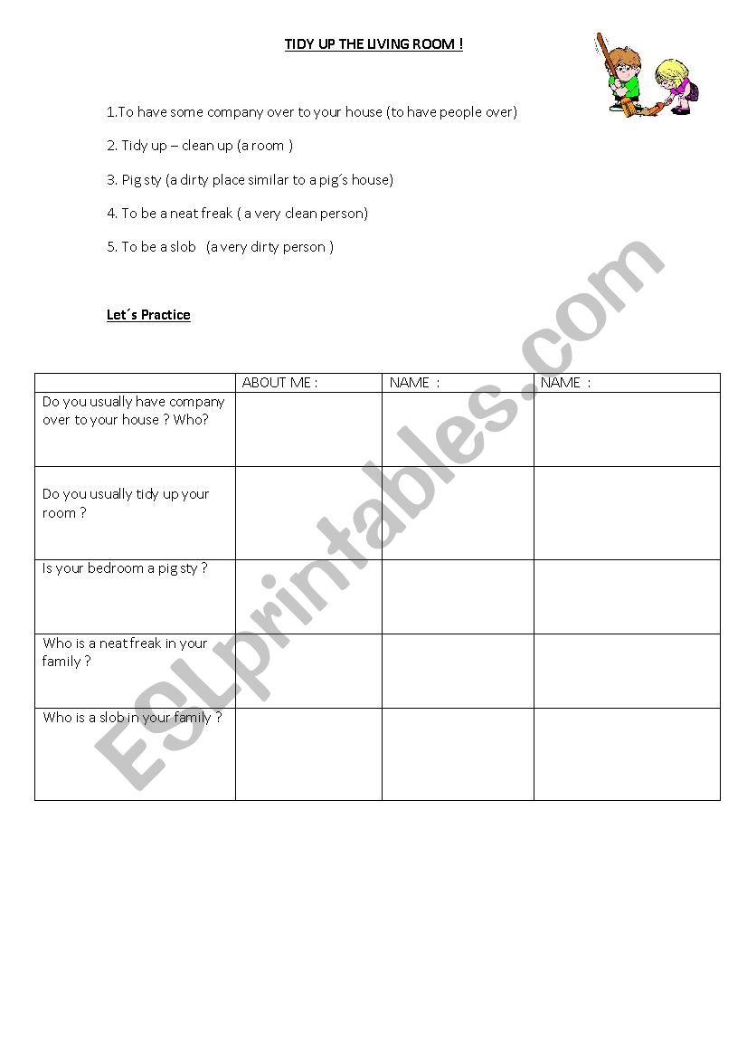 TIDY UP THE LIVING ROOM worksheet