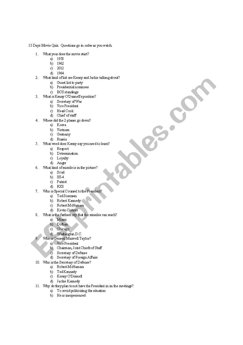 13 Days Movie Sheet worksheet