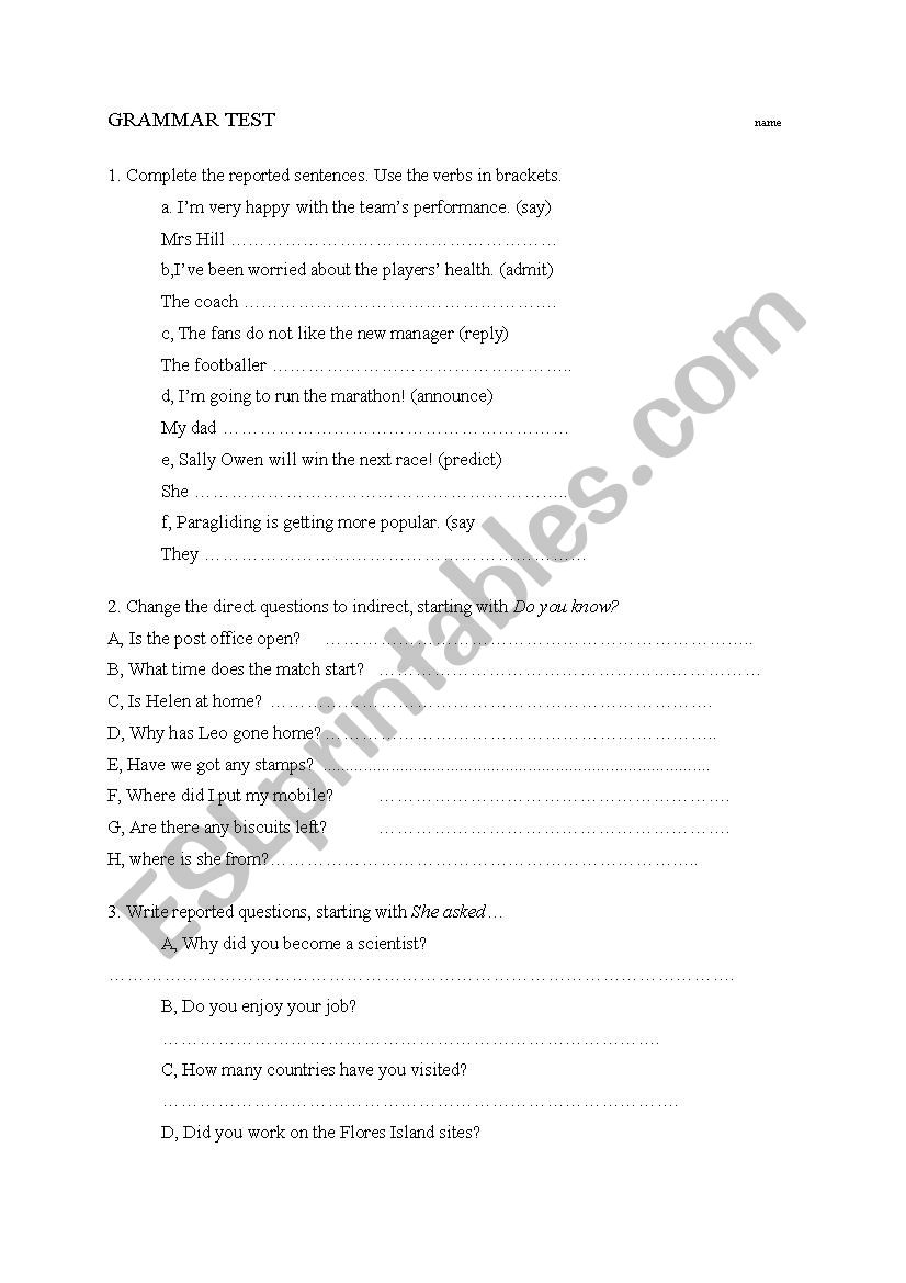 Reported Speech worksheet