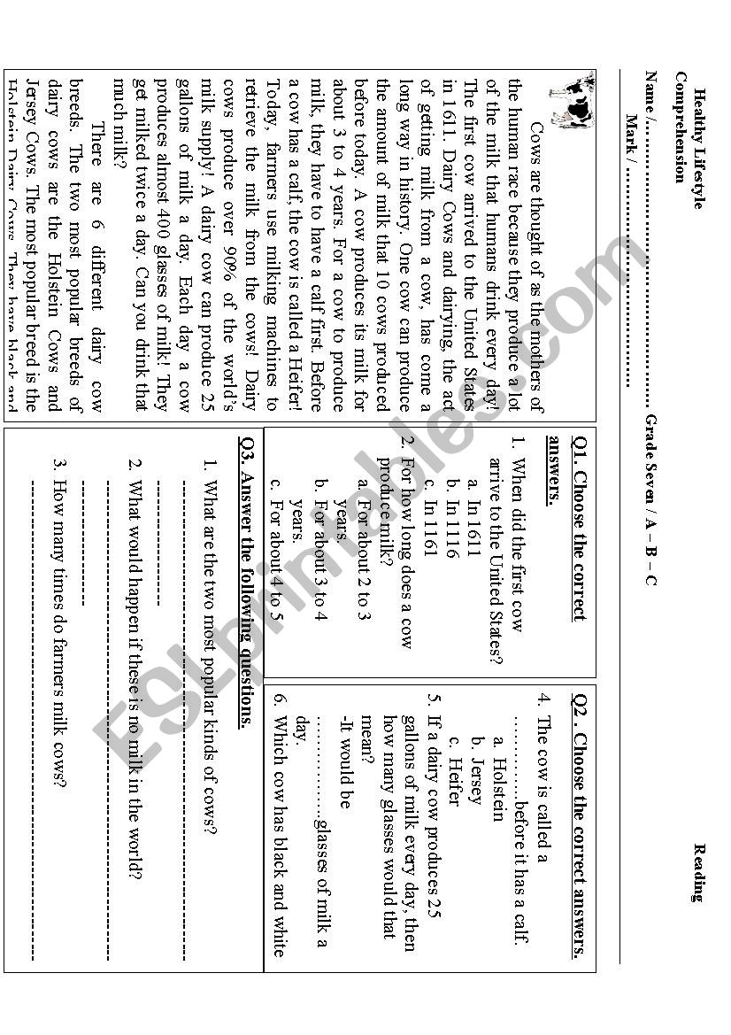 Cows, Reading Comprehension worksheet