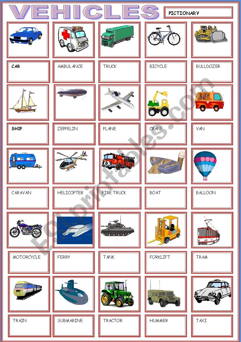 VEHICLES pictionary worksheet