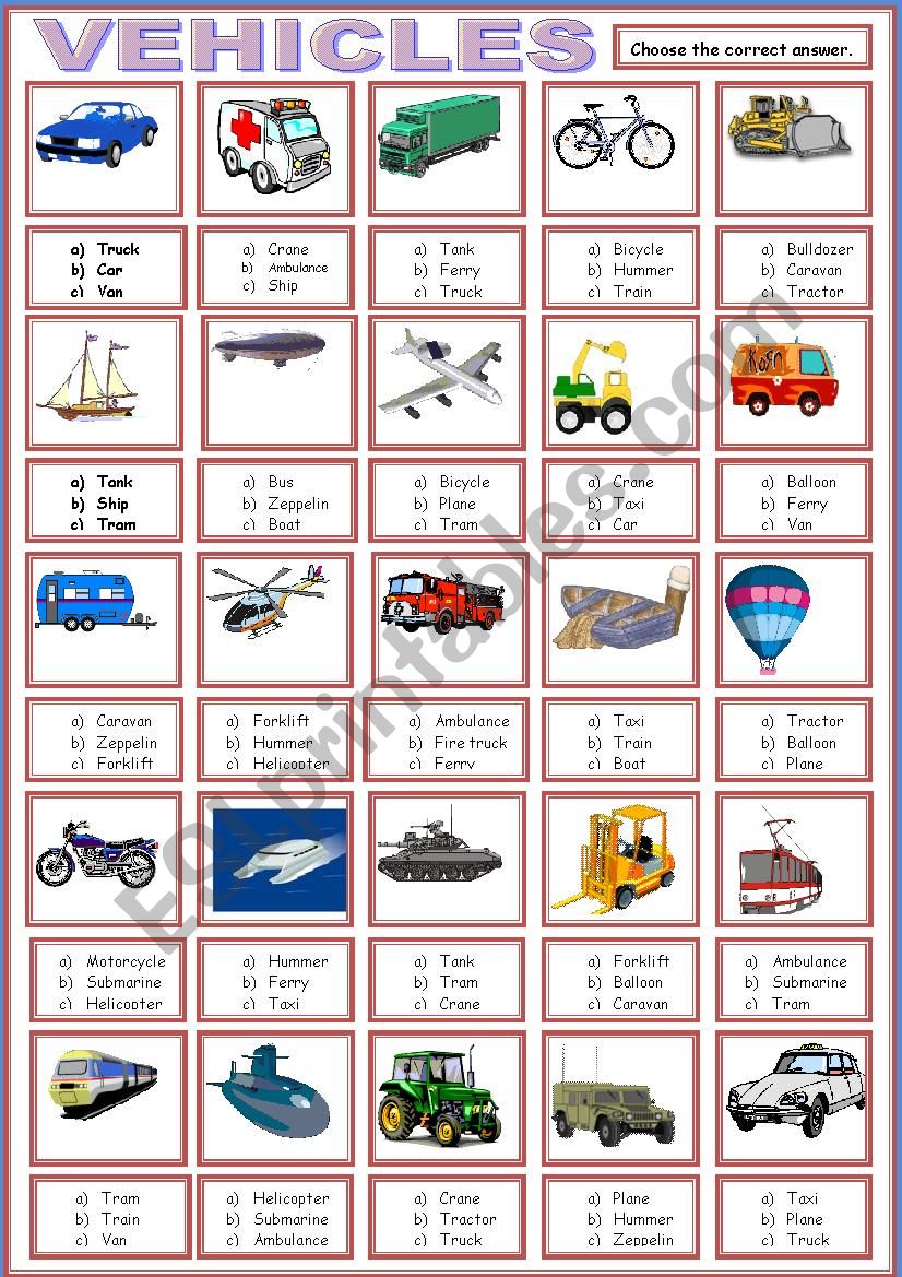 VEHICLES multiplr choice worksheet