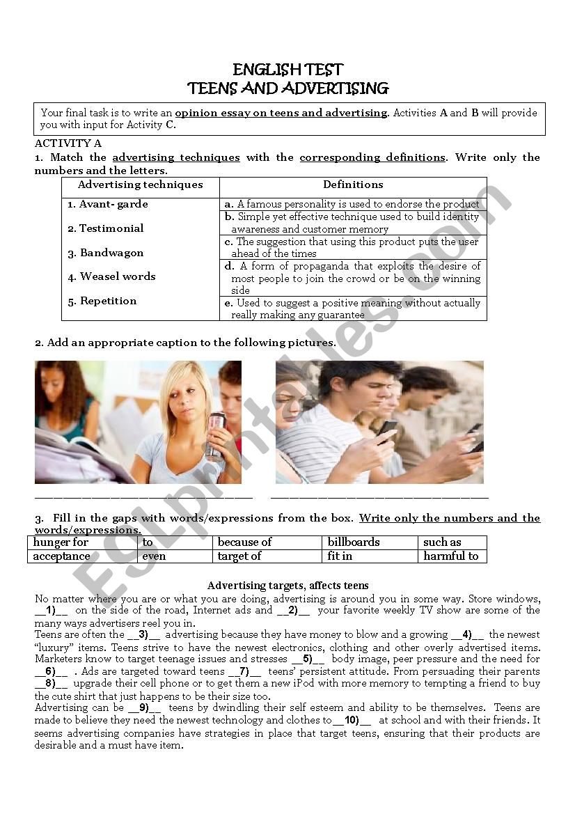 TEST- TEENS AND ADVERTISING worksheet