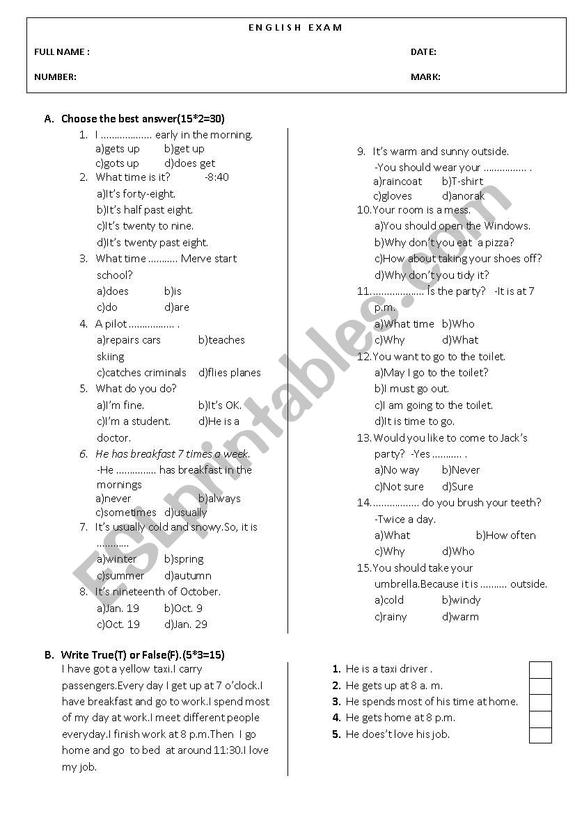 test worksheet