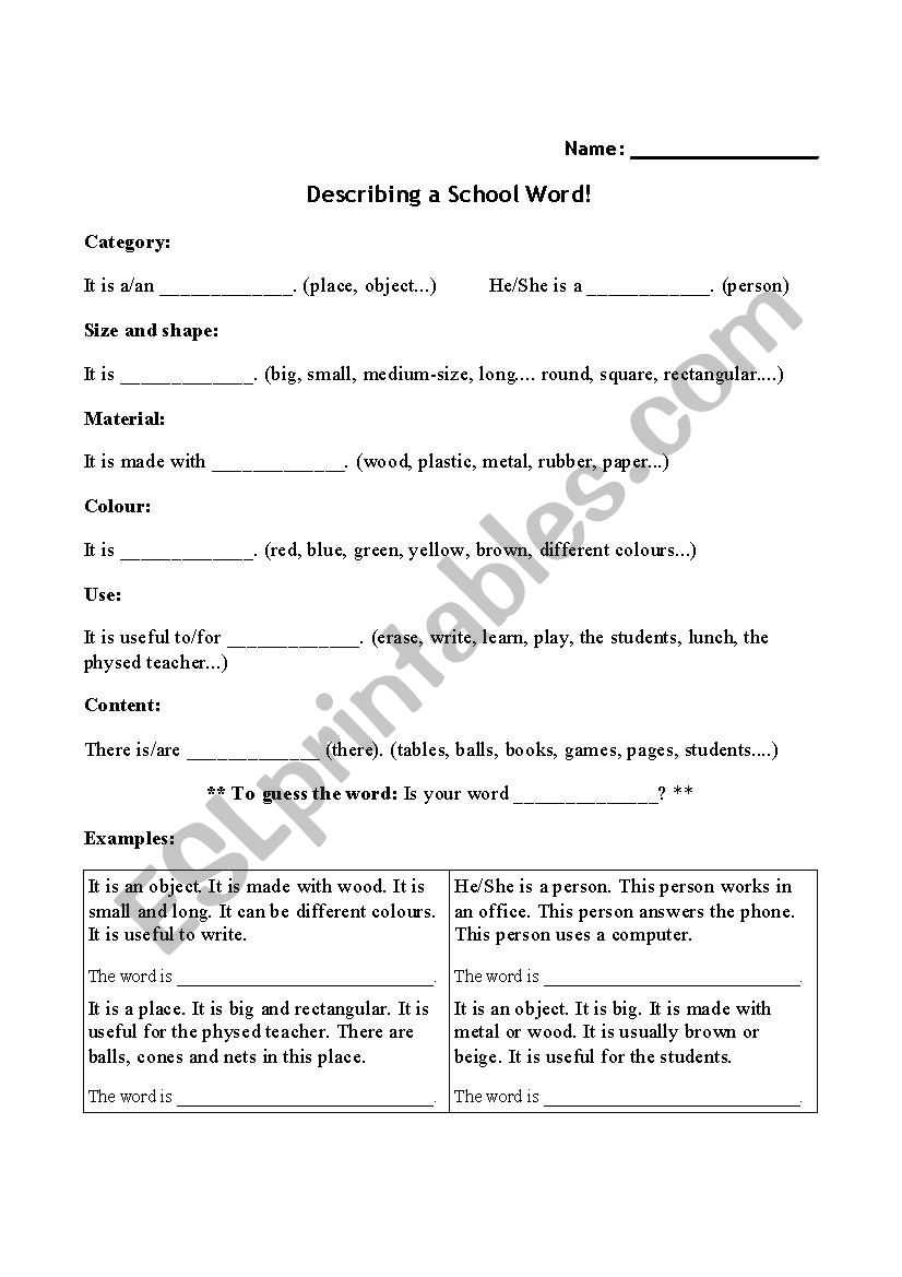 Guess who/what? Describing School Material 