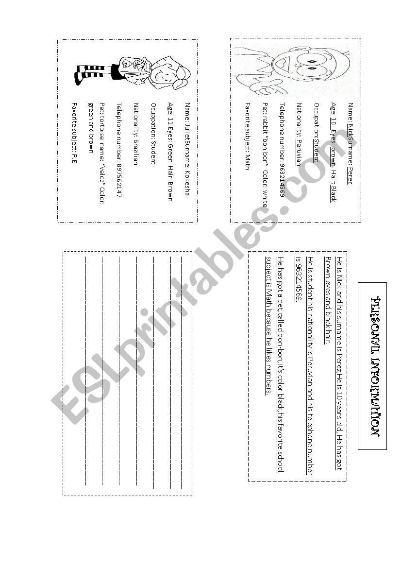 Personal Information worksheet