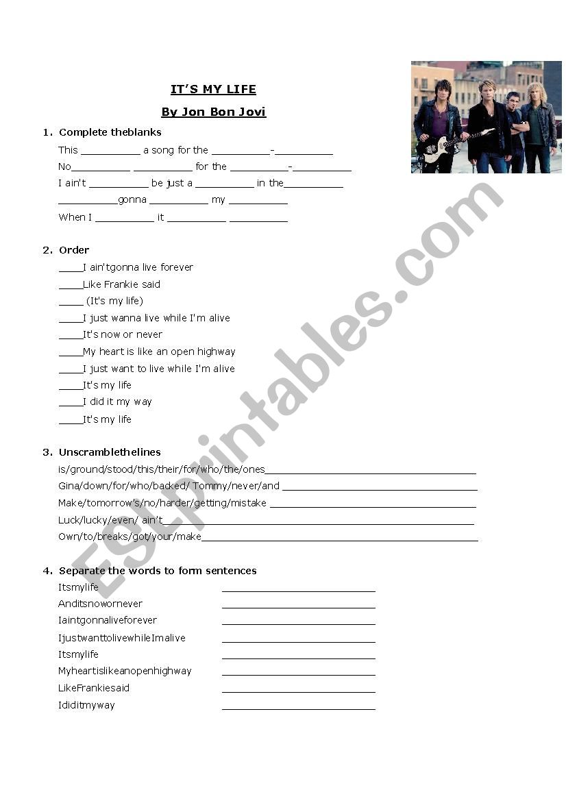 Its my life: Bon Jovi  worksheet