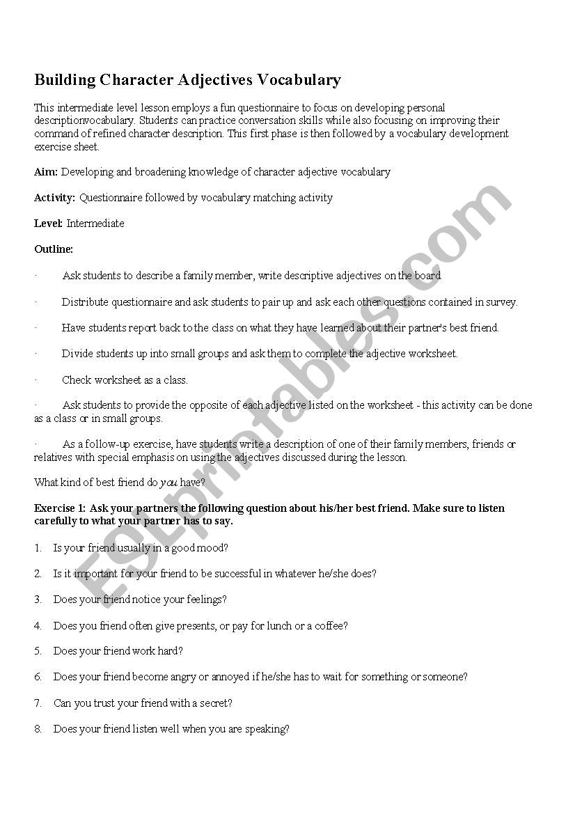 personality qualities  worksheet