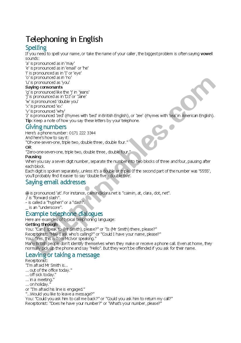 Telephoning  worksheet