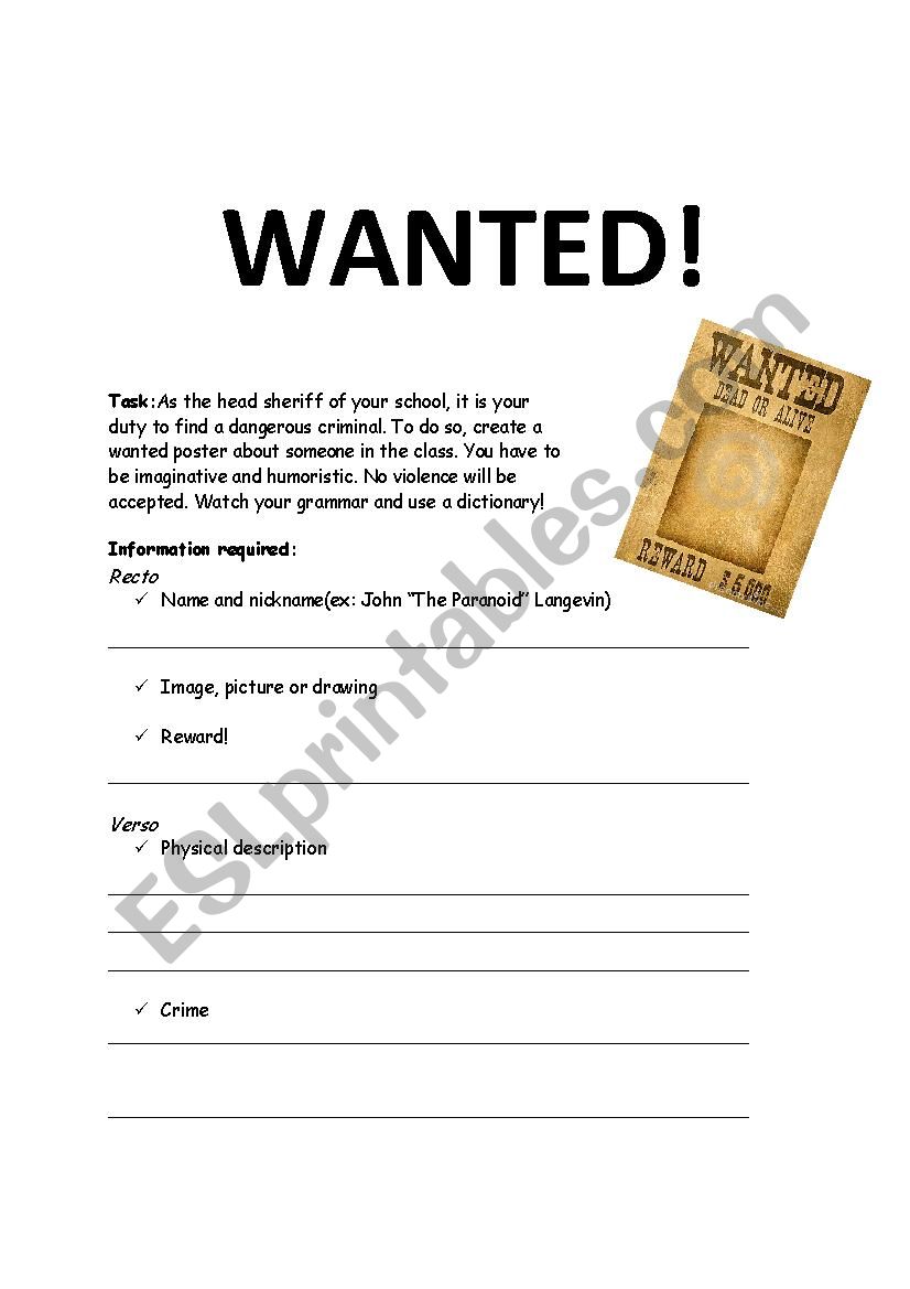 WANTED! Project. Writing Project.