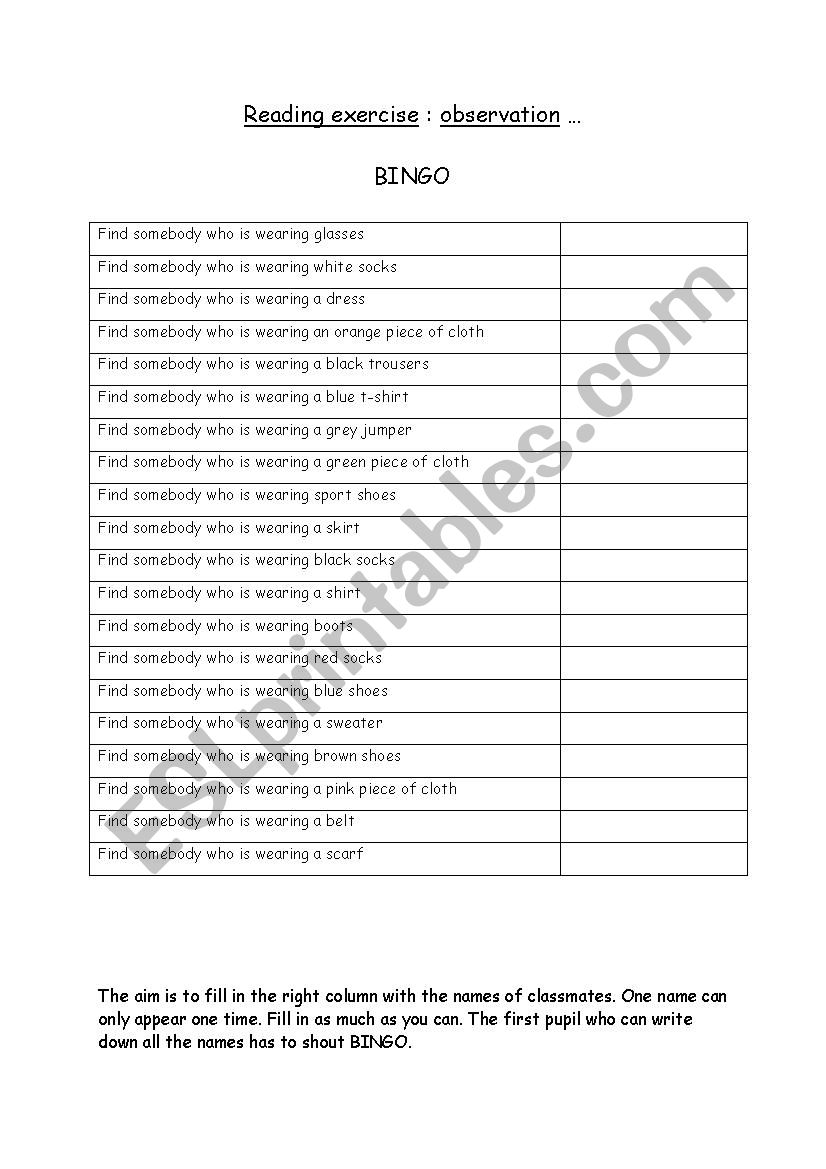 Clothes BINGO worksheet