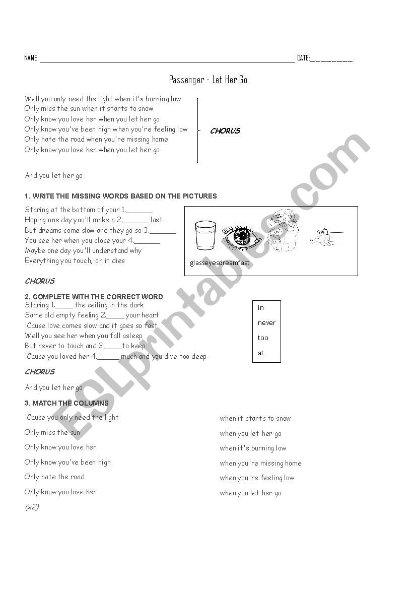 Passenger Let her go worksheet