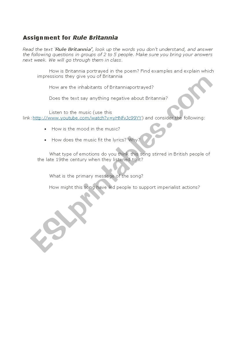 Rule Britannia worksheet worksheet
