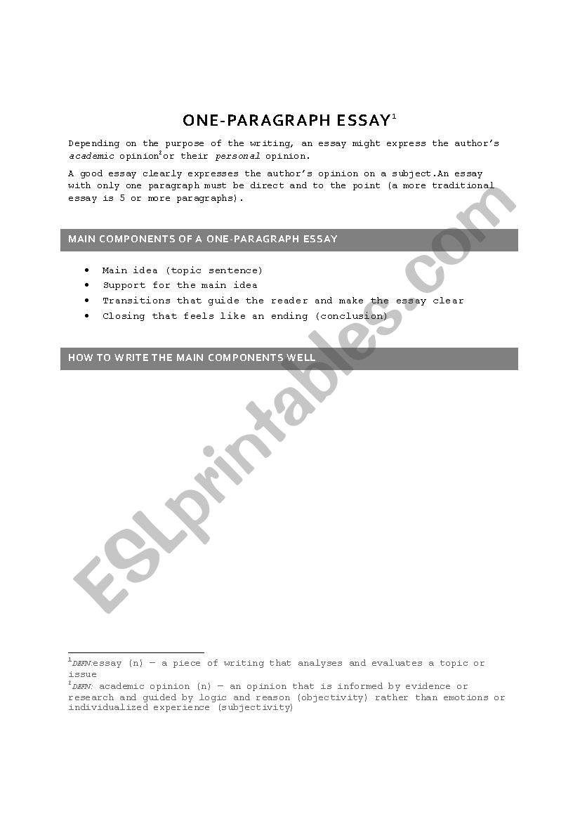 One Paragraph Essay worksheet