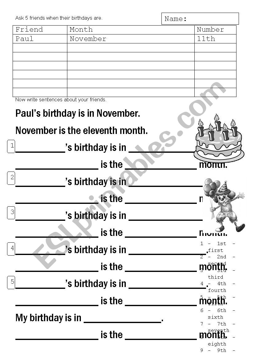 Months and birthdays P3 worksheet
