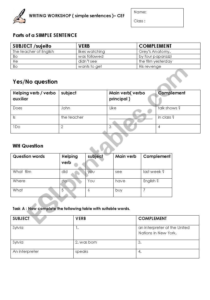 WRITING WORKSHOP worksheet