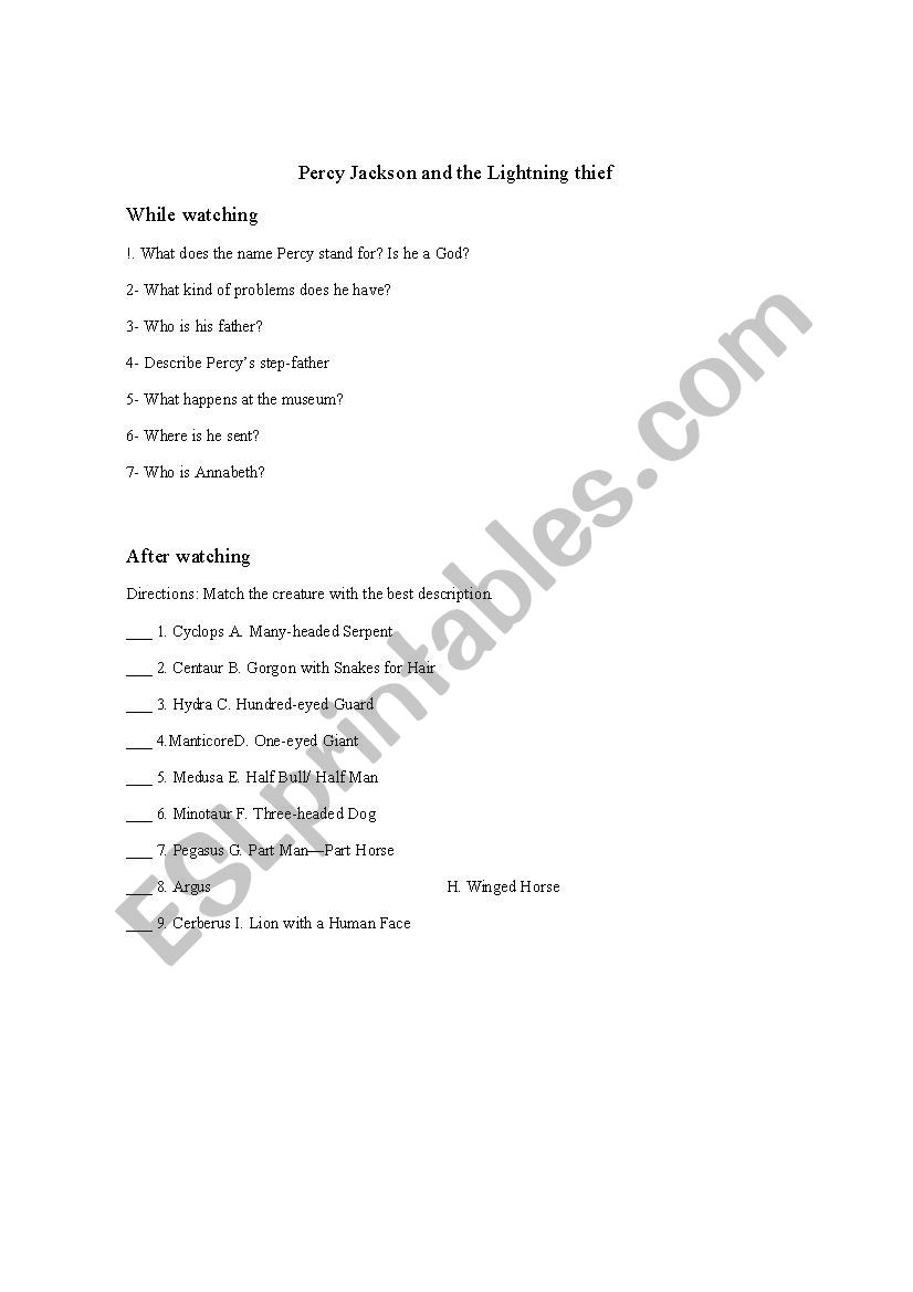 Percy Jackson worksheet