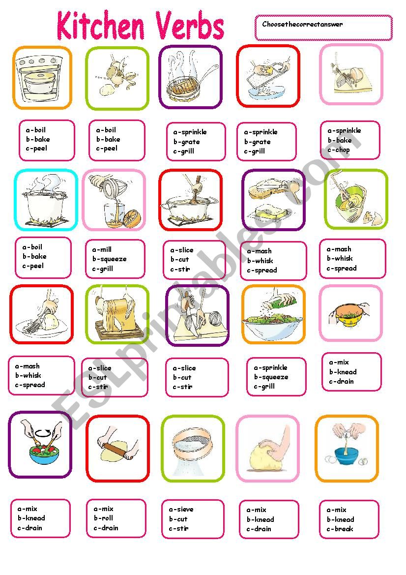 KITCHEN VERBS MULTIPLE CHOICE worksheet