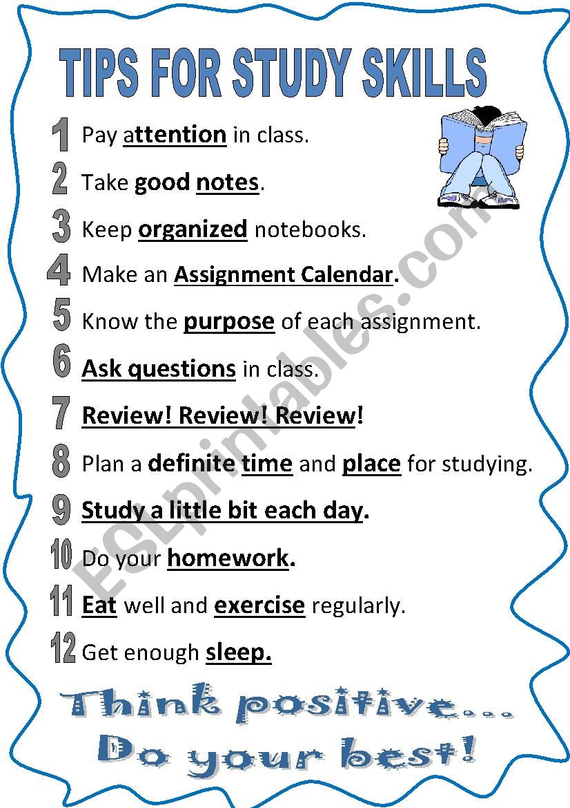 12 TIPS FOR STUDY SKILLS worksheet