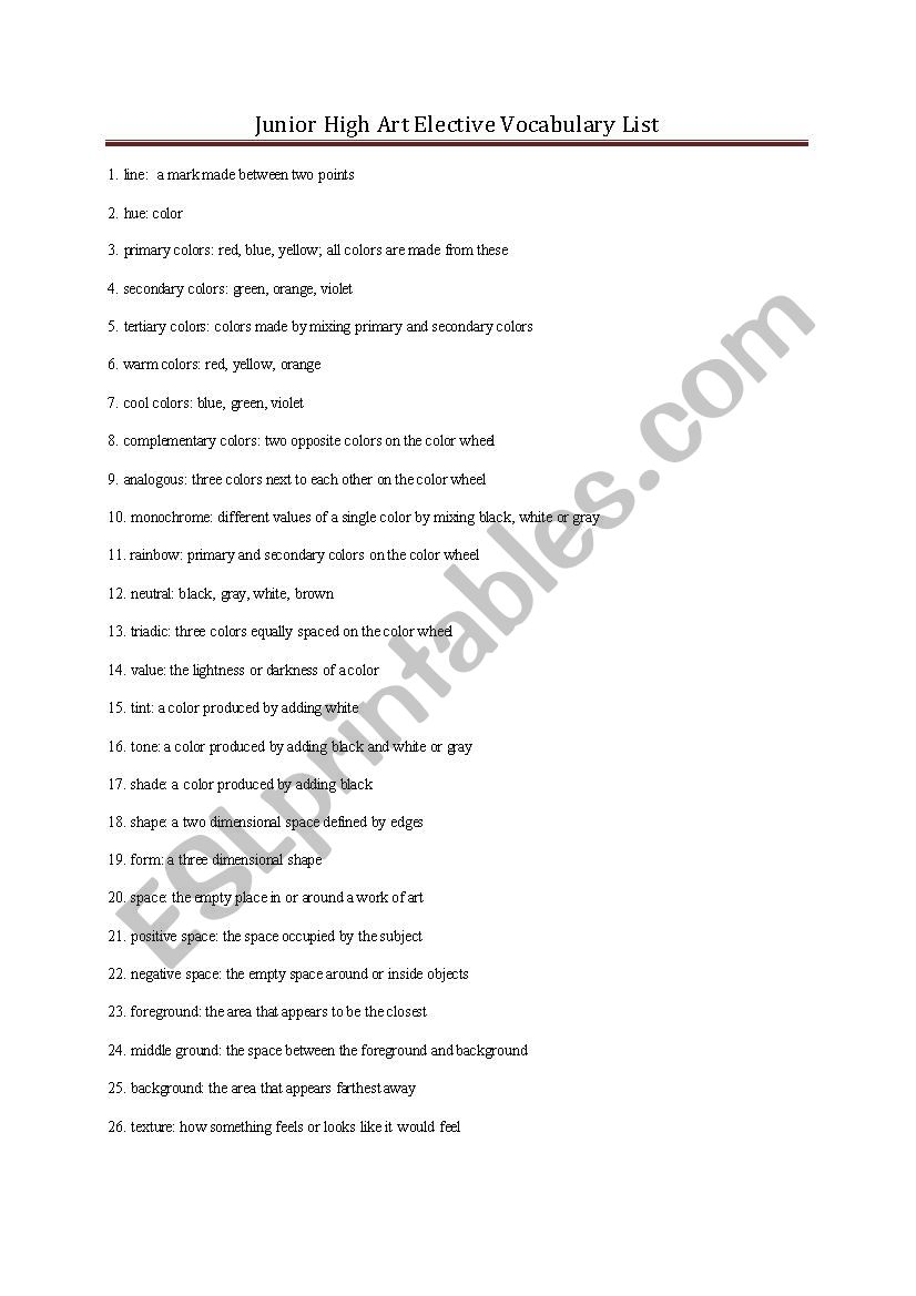 art elements worksheet
