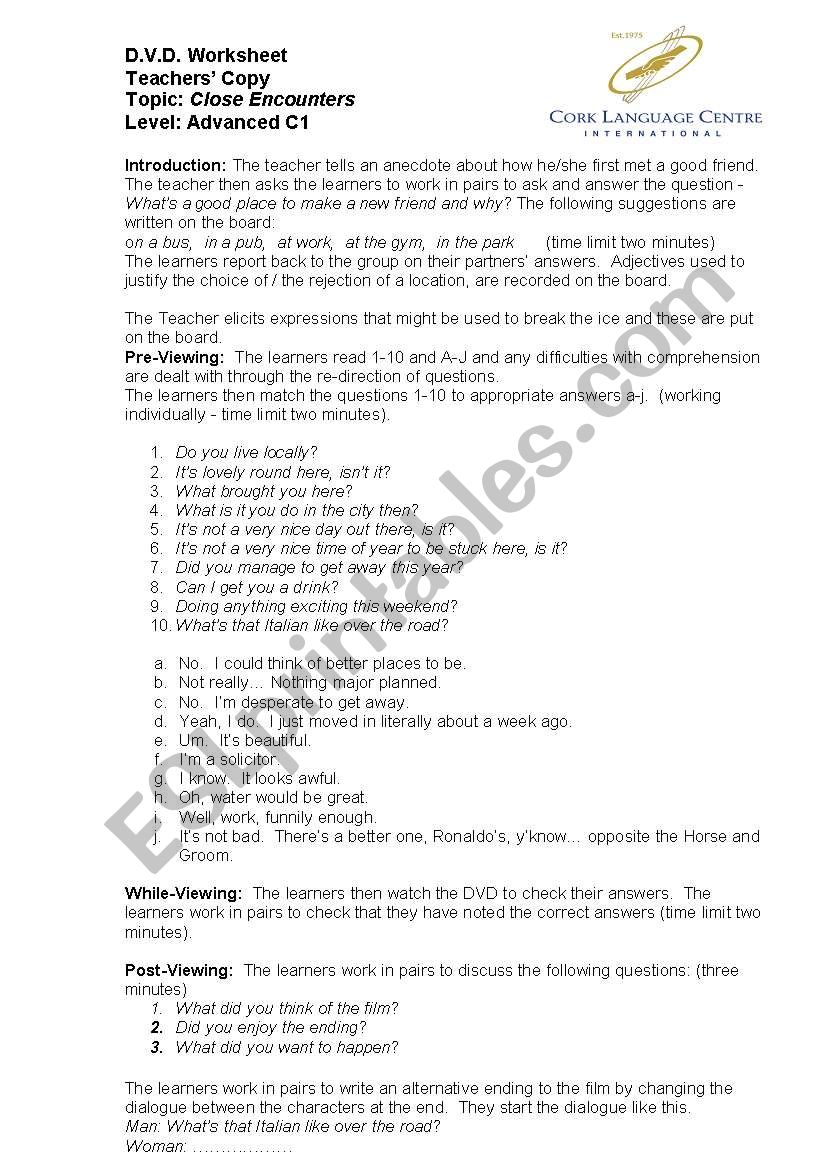 Close Encounters worksheet
