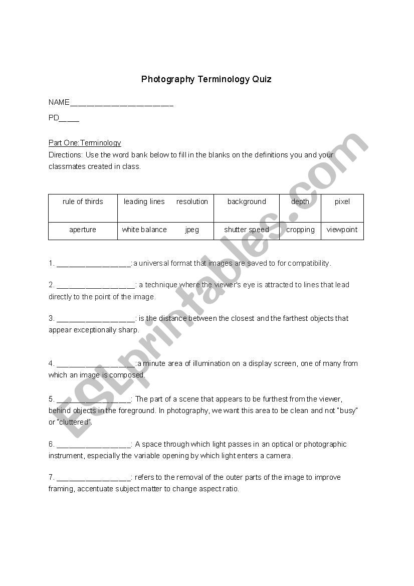Photography Terminology Quiz worksheet