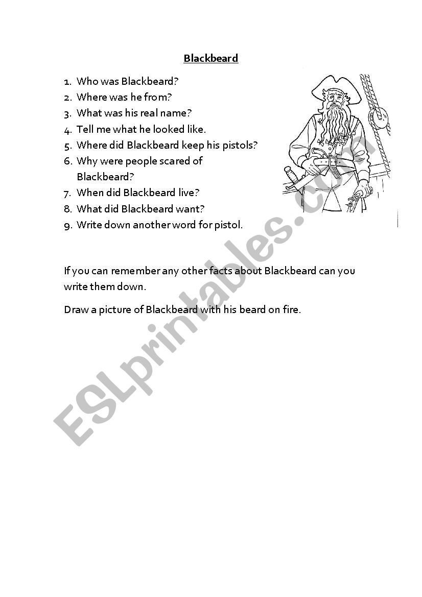 Blackbeard reading activity worksheet