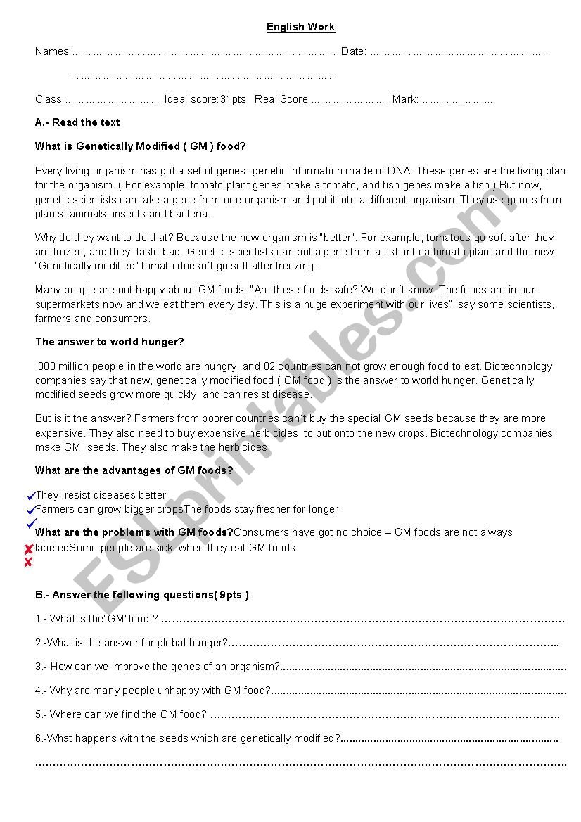 Reading  Comprehension worksheet