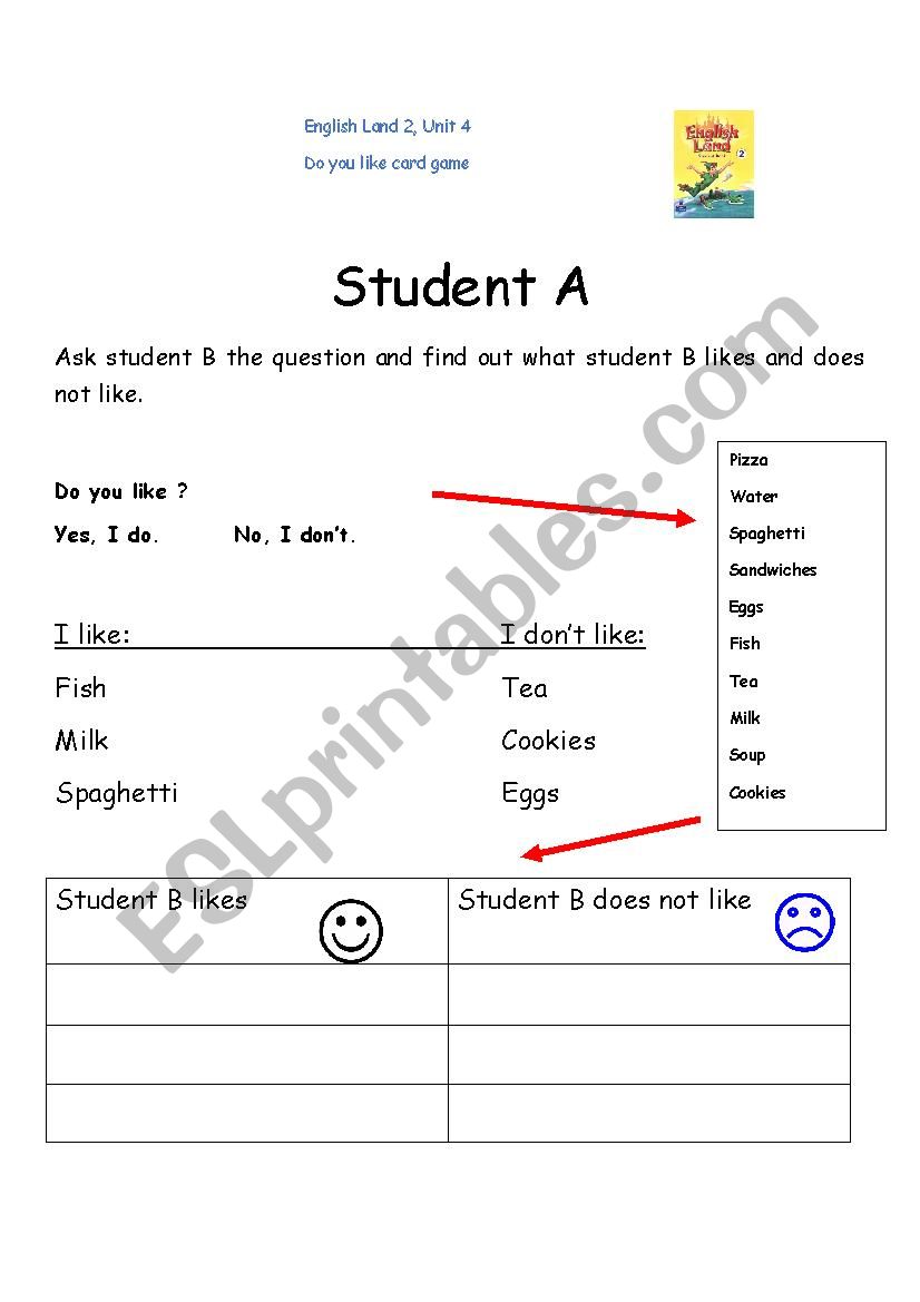 English Land 2, Unit 4, Pair Work (Do you like....?)