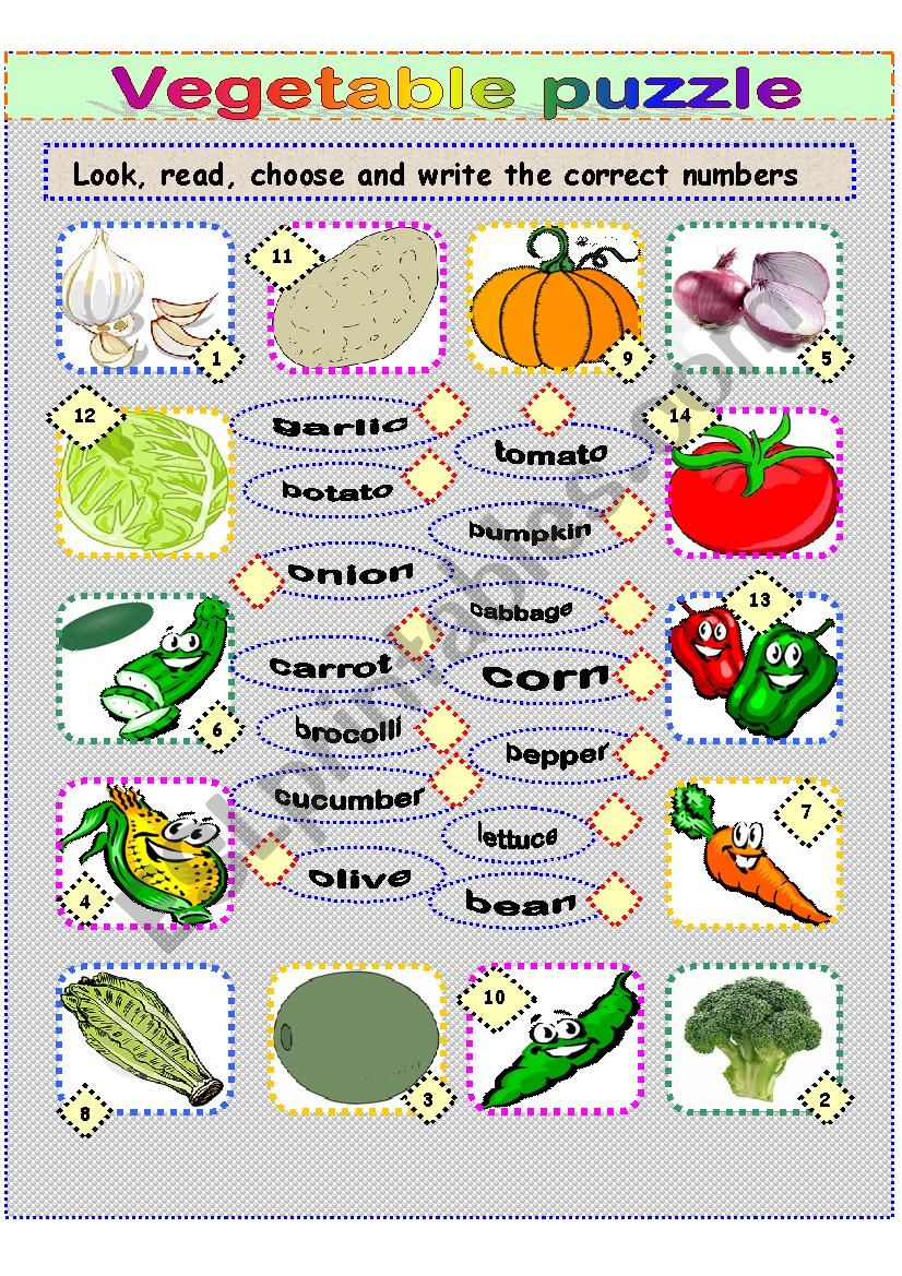 Learn veggies by puzzle worksheet