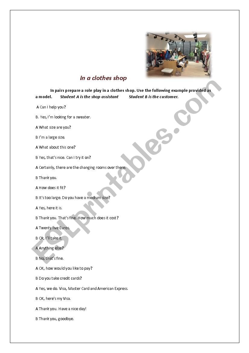 Role-play: in a clothes shop worksheet