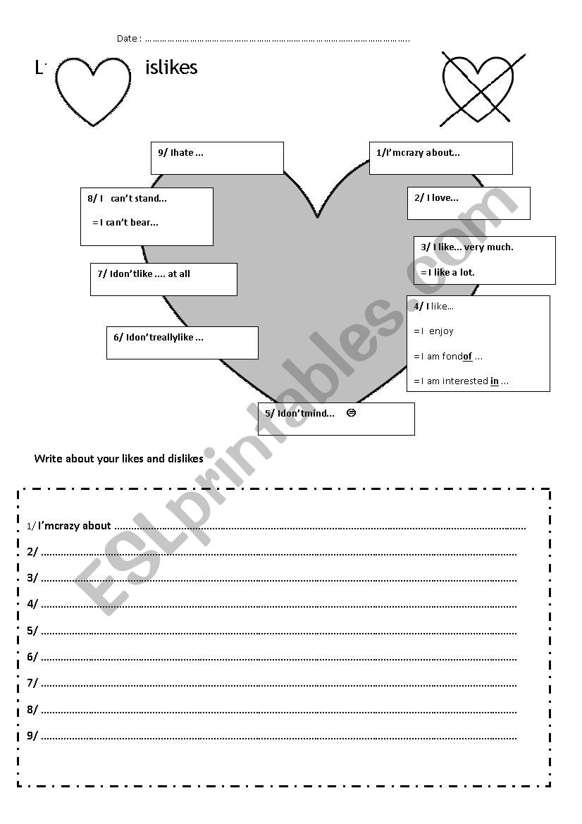 likes and dislikes worksheet