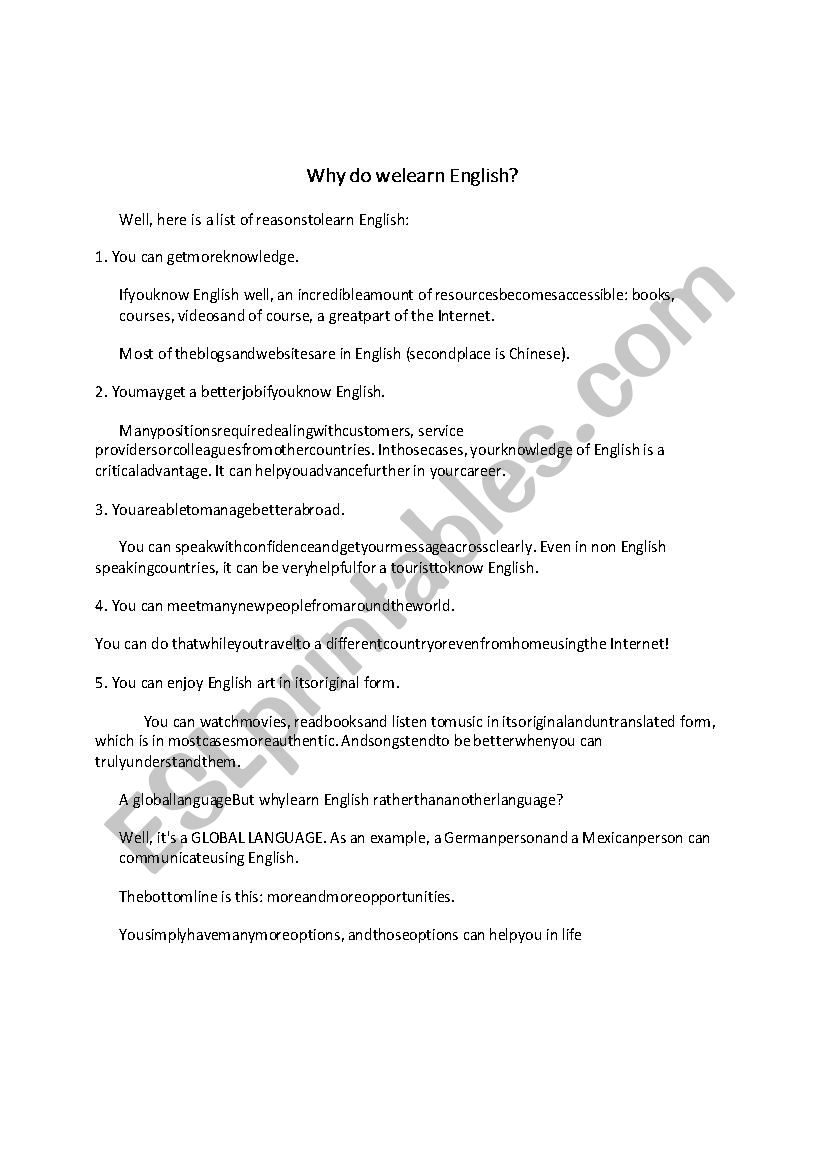 Why do we learn English? worksheet