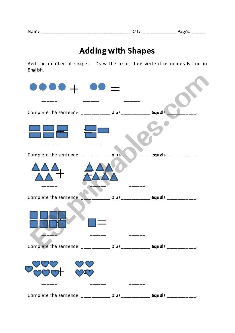 Add single digits with shapes worksheet