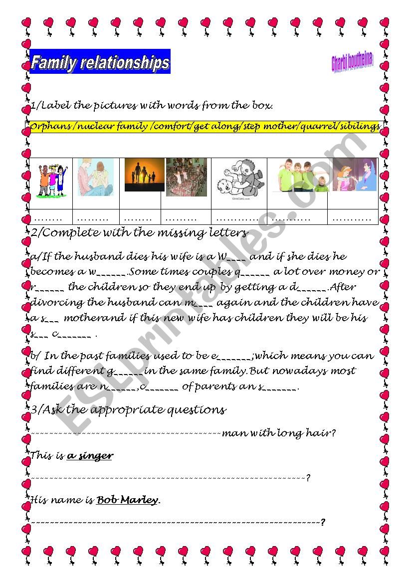 Family relationships worksheet