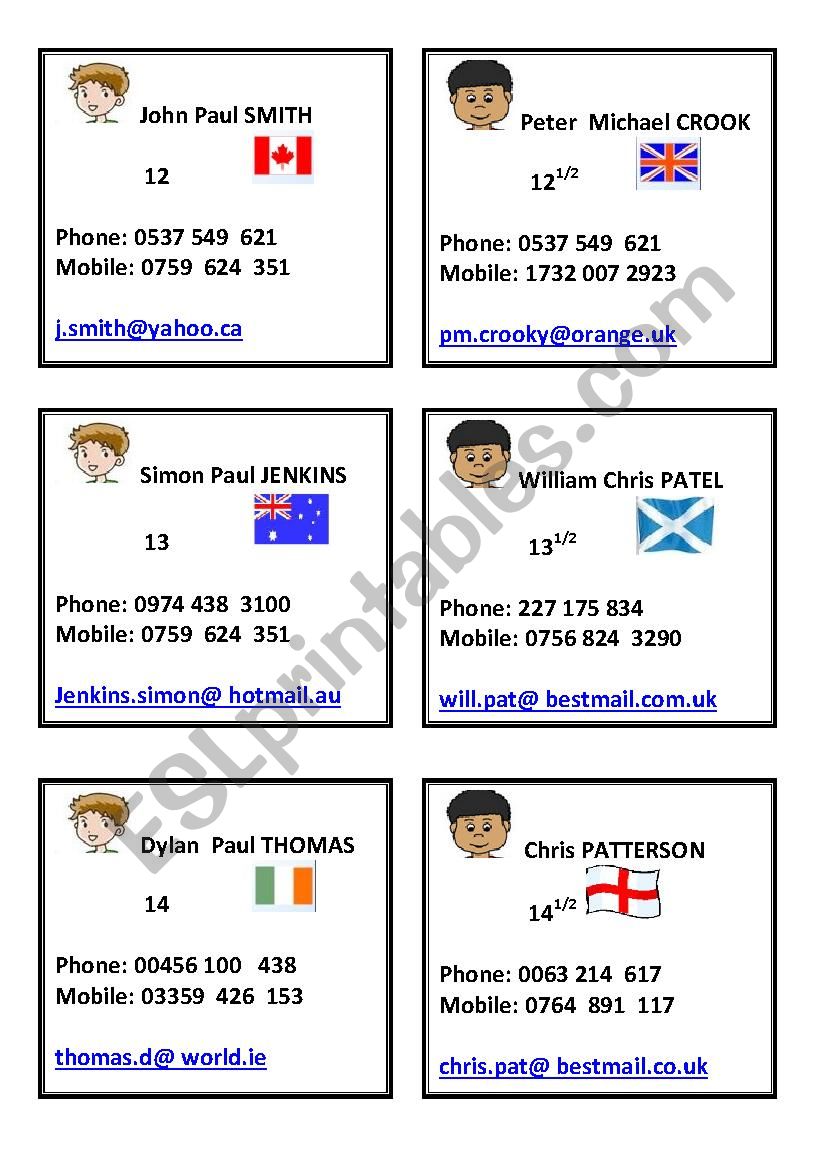 Identity cards (boys) worksheet