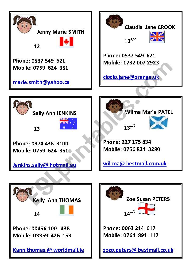 Identity cards (girls) worksheet