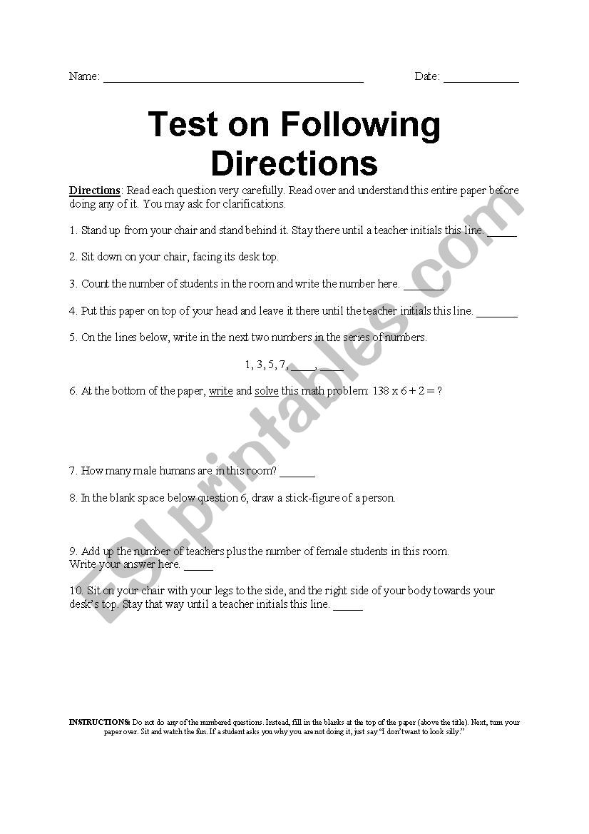 Following Directions Test worksheet