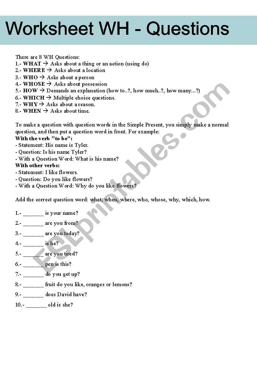 WH Questions worksheet