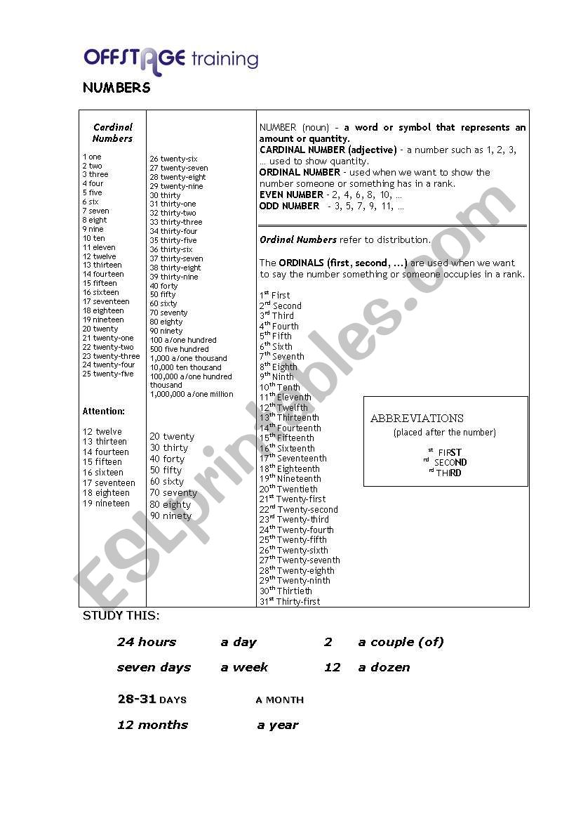 Number Wordsearch worksheet