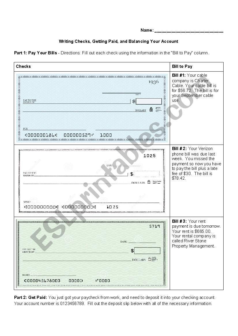 Money Assessment/Quiz: Writing Checks, Getting Paid, Balancing Your Checkbook