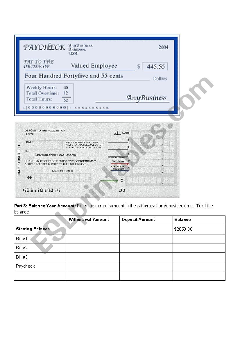 Money Assessment/Quiz: Writing Checks, Getting Paid, Balancing Inside Balancing A Checkbook Worksheet