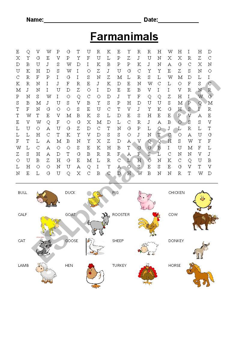 Farm animals - Wordsearch worksheet