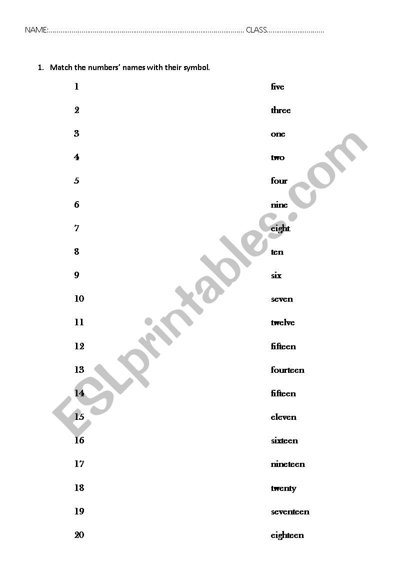number names matching worksheet