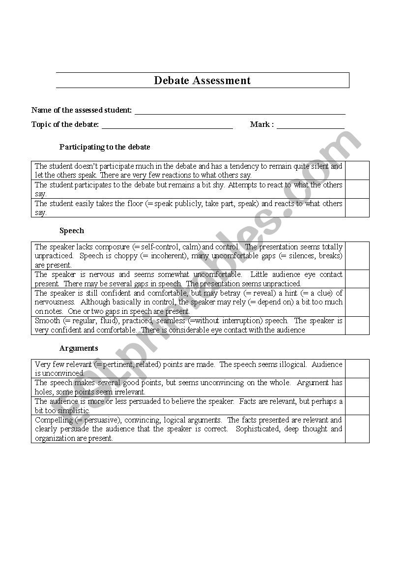 Debate Assessment worksheet