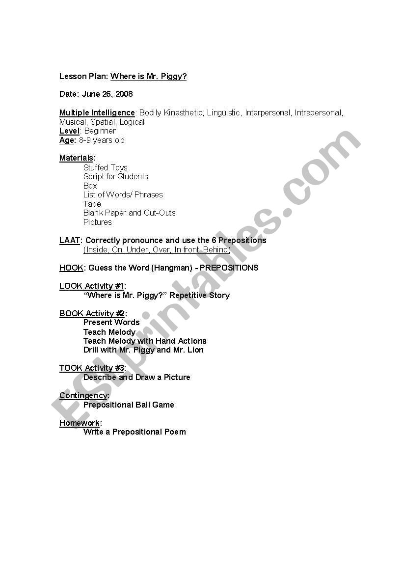 Beginner Preposition worksheet