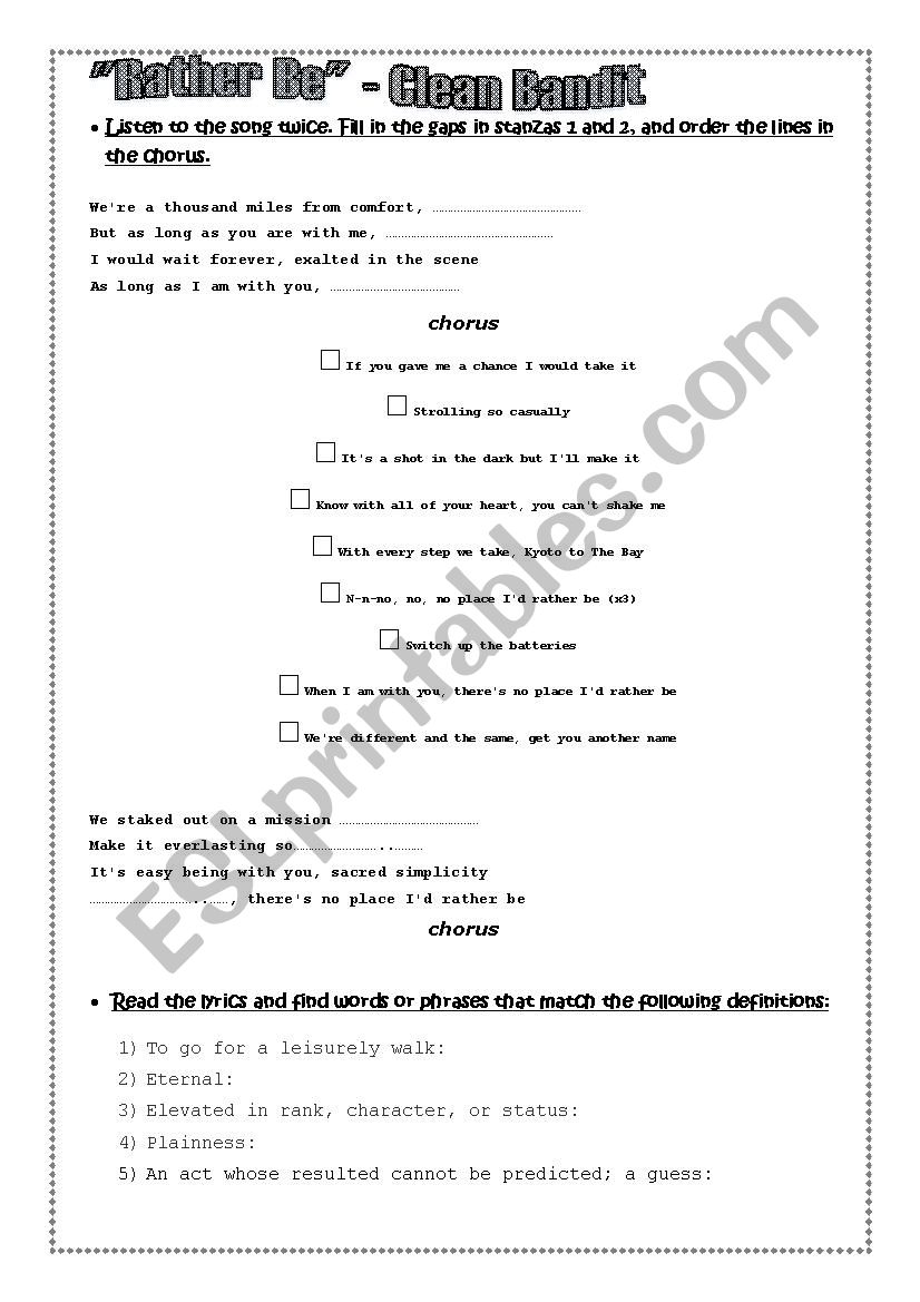 Rather Be - Clean Bandit worksheet