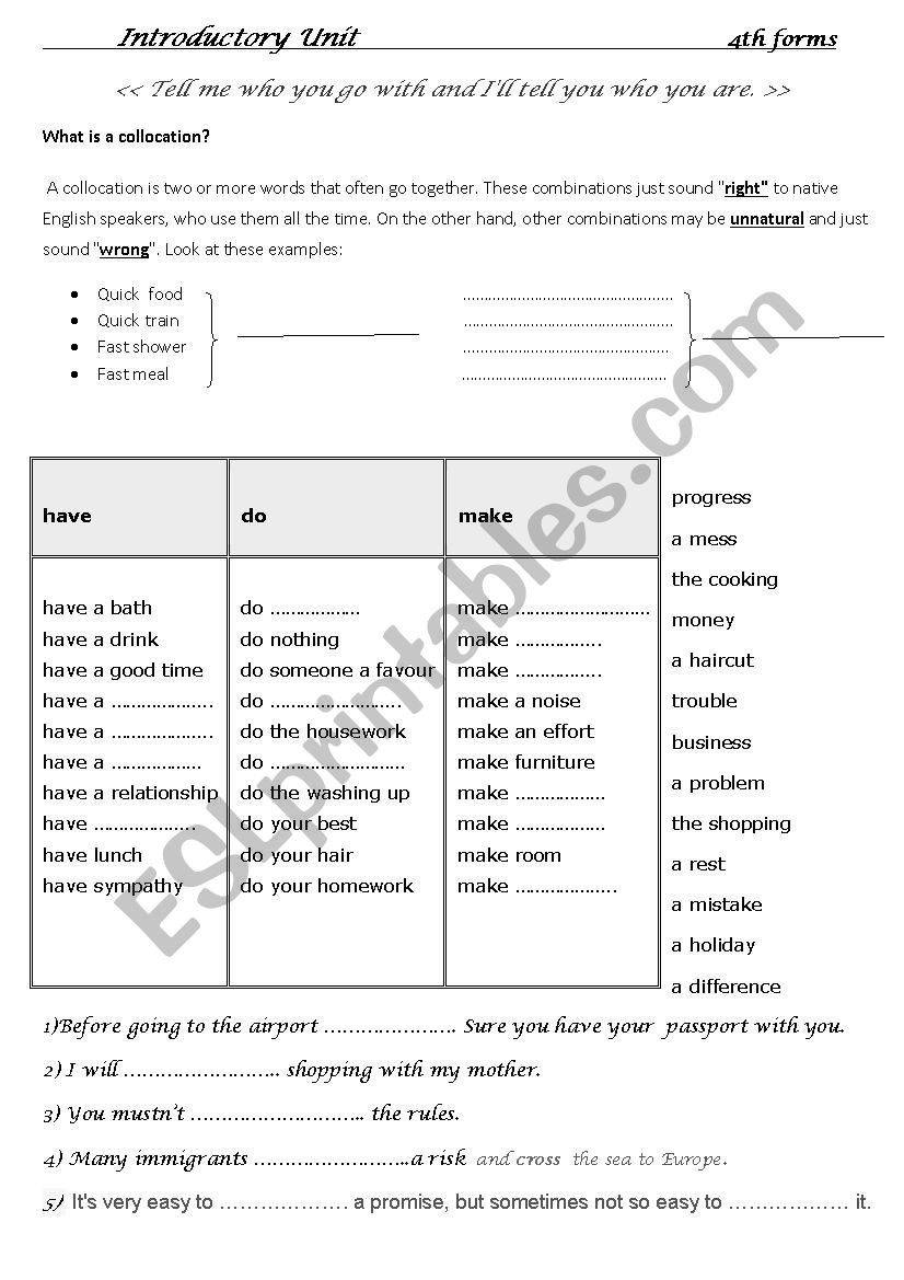 introductory unit worksheet