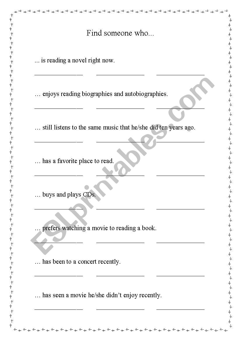 Find someone who... books - ESL worksheet by camilaiandoli