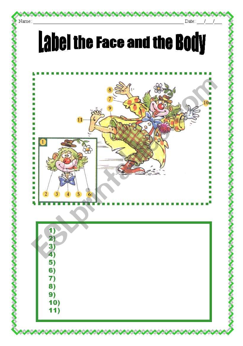 Face and body worksheet